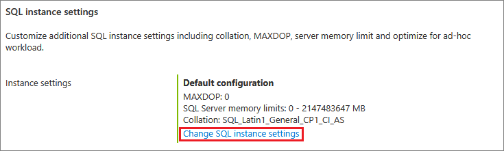 SQL Server 인스턴스 설정과 변경 단추를 보여 주는 Azure Portal 스크린샷