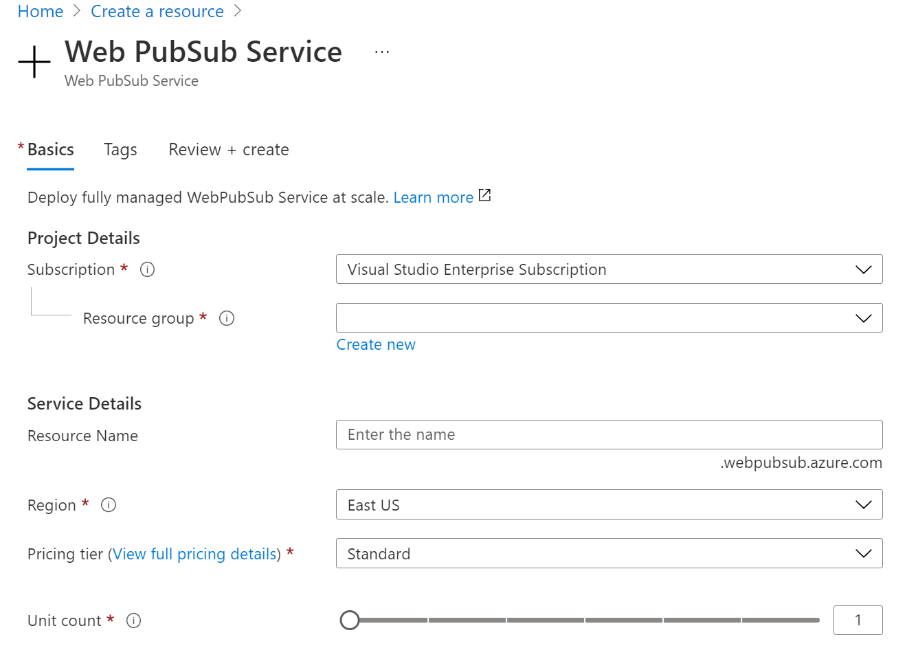 포털에서 Azure Web PubSub 인스턴스를 만드는 스크린샷.