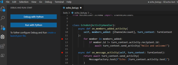 Visual Studio Code에서 설정된 Python 중단점의 스크린샷.