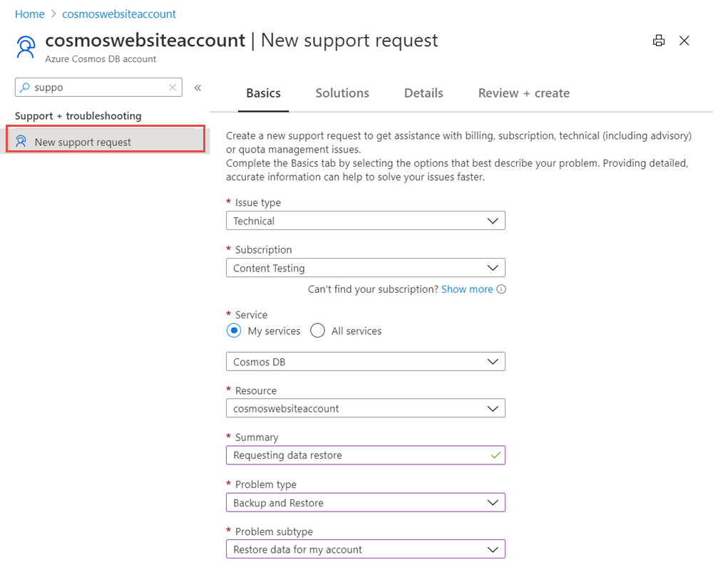 Create a backup support request using Azure portal.