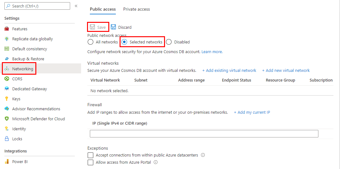 Screenshot showing how to open the Firewall page in the Azure portal