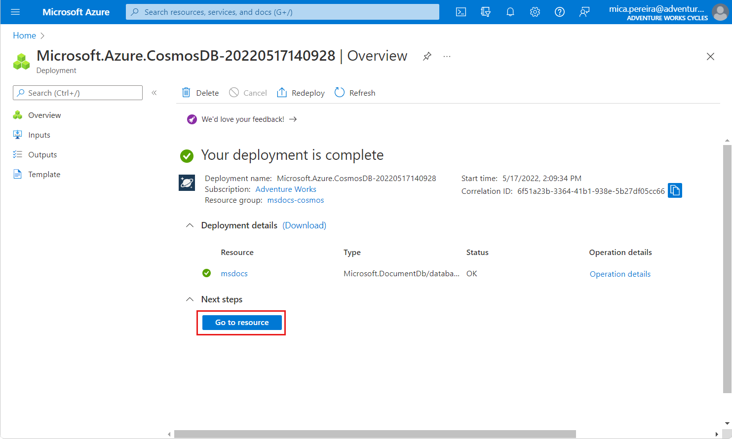 Screenshot of deployment page for Azure Cosmos D B SQL A P I resource.