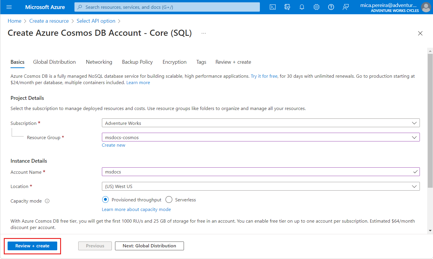 Screenshot of new account page for Azure Cosmos D B SQL A P I.