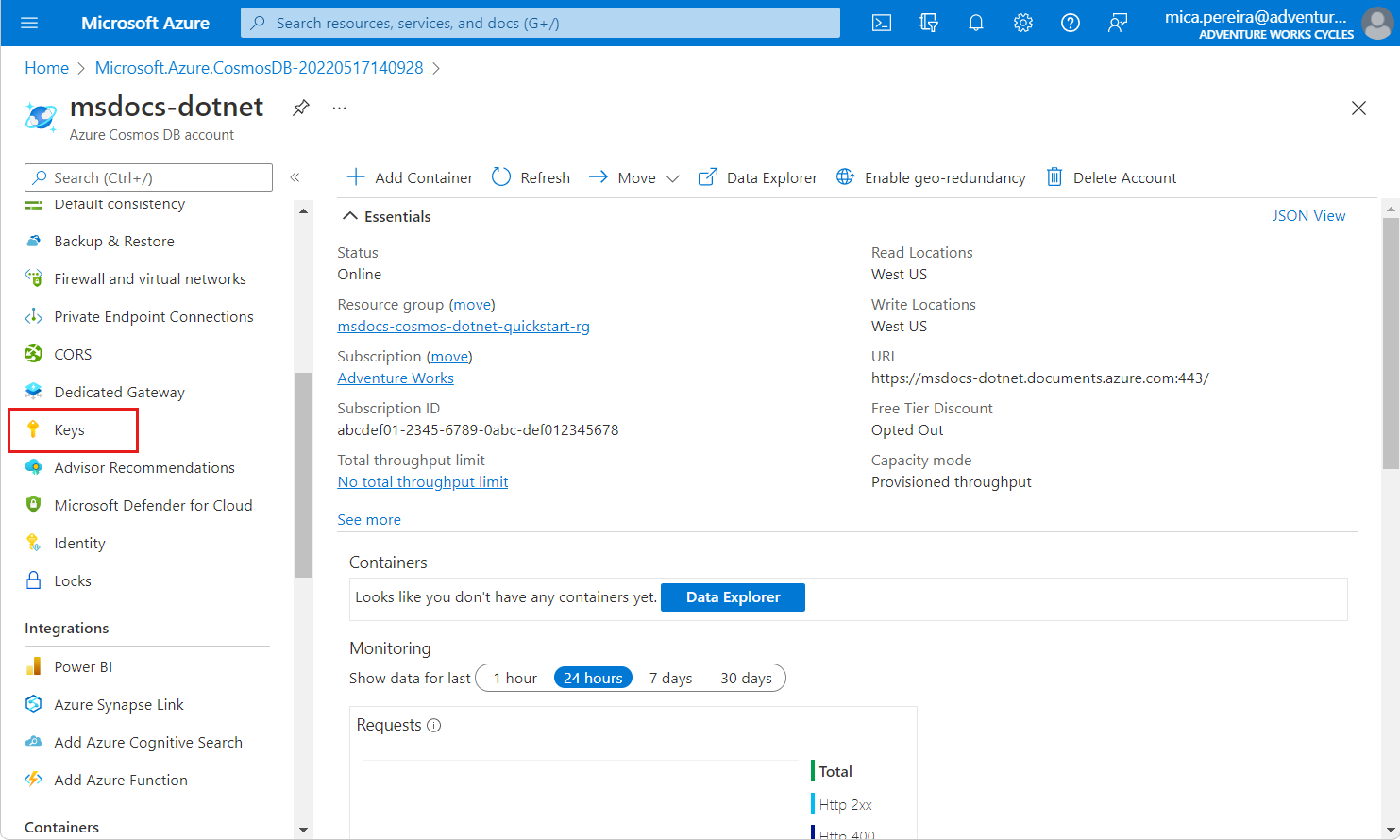 Screenshot of an Azure Cosmos D B SQL A P I account page. The Keys option is highlighted in the navigation menu.