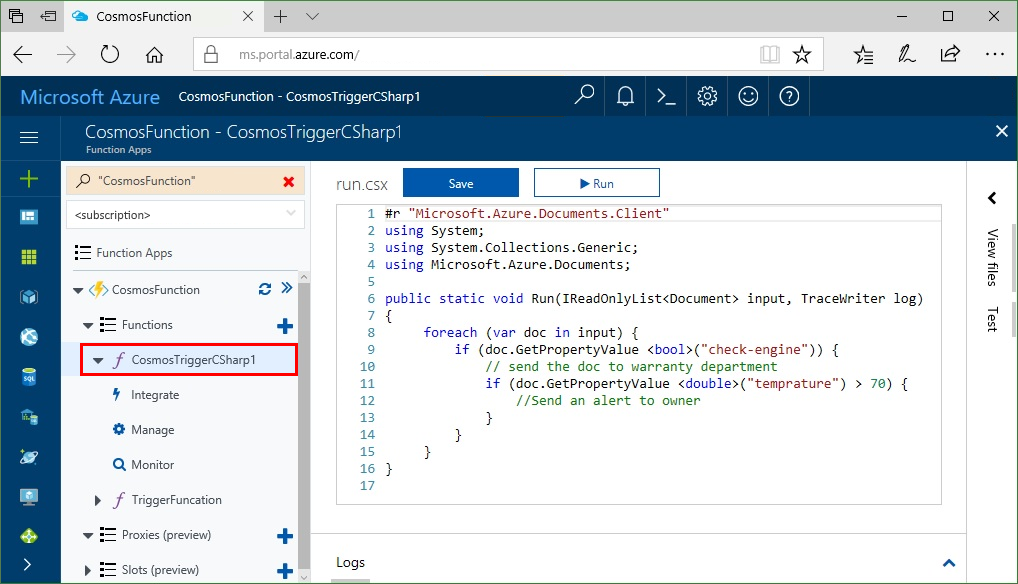 Create an Azure Functions trigger for Cosmos DB in the Azure portal