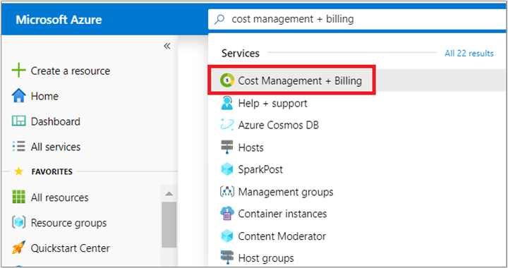 Cost Management + Billing에 대한 Azure Portal 검색을 보여 주는 스크린샷