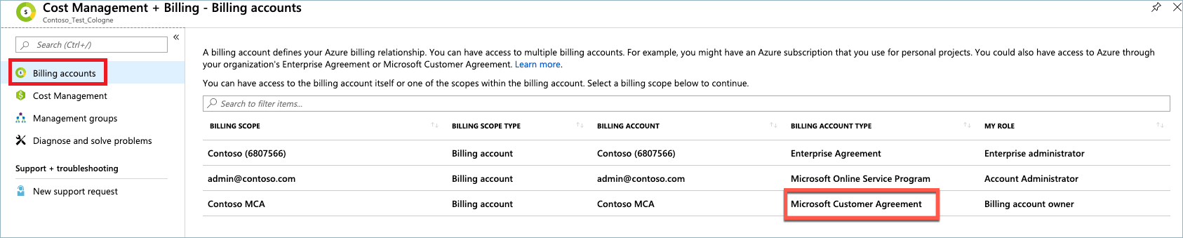 청구 계정 페이지의 Microsoft 고객 계약 유형을 보여 주는 스크린샷.