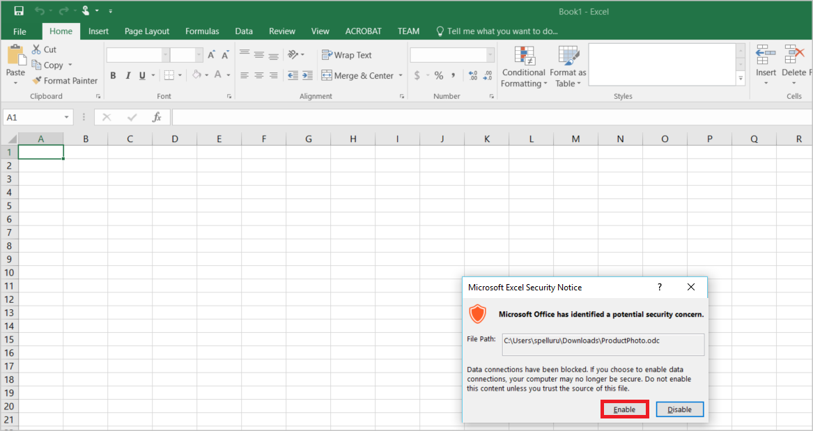Microsoft Excel 보안 알림 팝업에서 사용 단추가 선택됩니다.