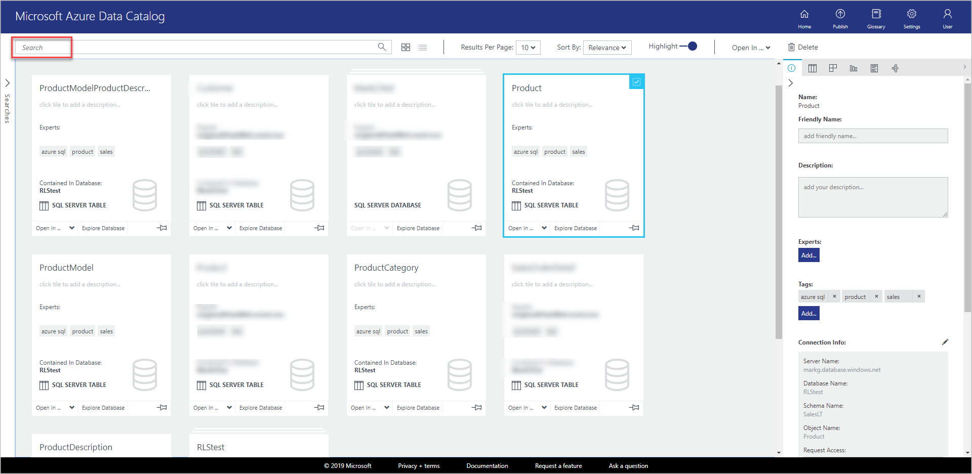 Microsoft Azure Data Catalog 창에는 등록된 각 개체에 대한 새 타일이 그리드 보기에 있습니다.