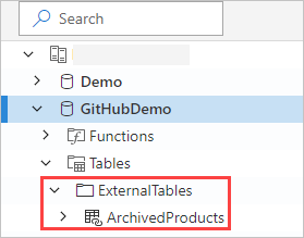 Azure Data Explorer 웹 UI의 외부 테이블을 보여 주는 스크린샷.