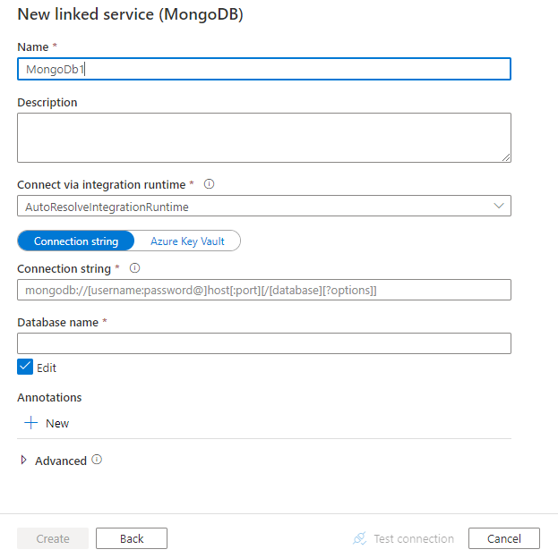 Configure a linked service to MongoDB.
