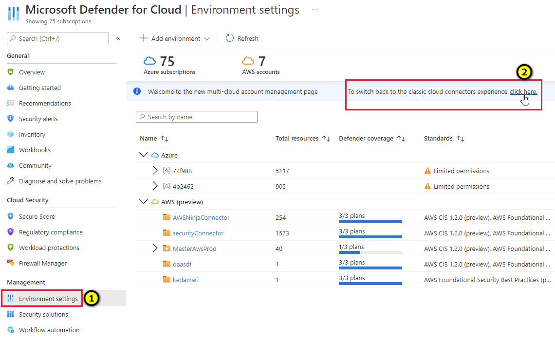 Switching back to the classic cloud connectors experience in Defender for Cloud.