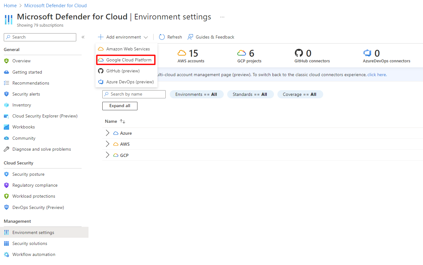 Screenshot of the location of the Google cloud environment button.