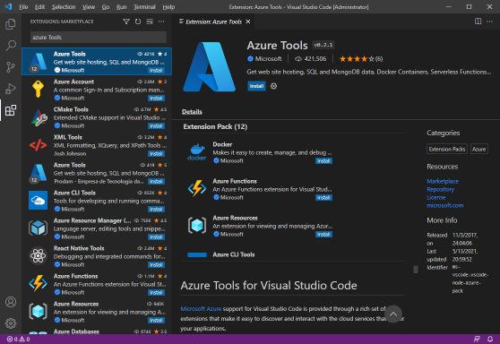Azure Tools 확장 팩을 검색하는 확장 패널을 보여 주는 Visual Studio Code 스크린샷