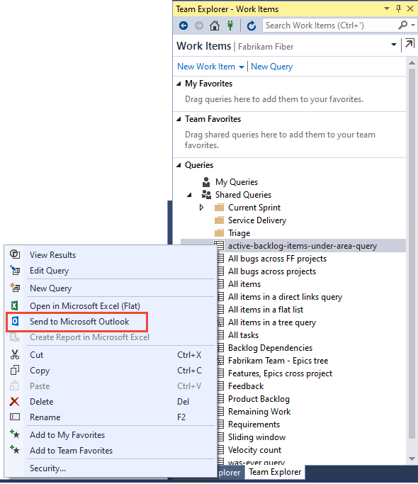 팀 탐색기의 스크린샷, Microsoft Outlook으로 보내기 쿼리 옵션을 선택합니다.