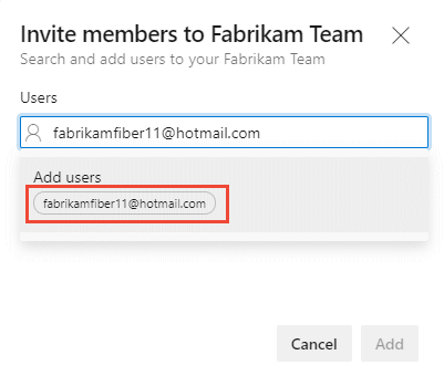 Invite members to a team dialog, enter an unknown user email address.