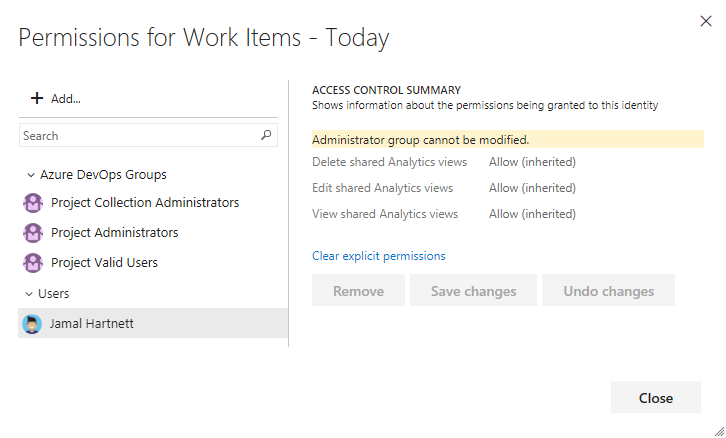 Manage Shared Analytics view security dialog, change permissions for a user, Azure DevOps Server.