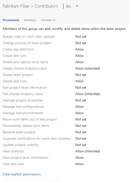 프로젝트 수준 권한 대화 상자, Azure DevOps Services 현재 페이지의 스크린샷