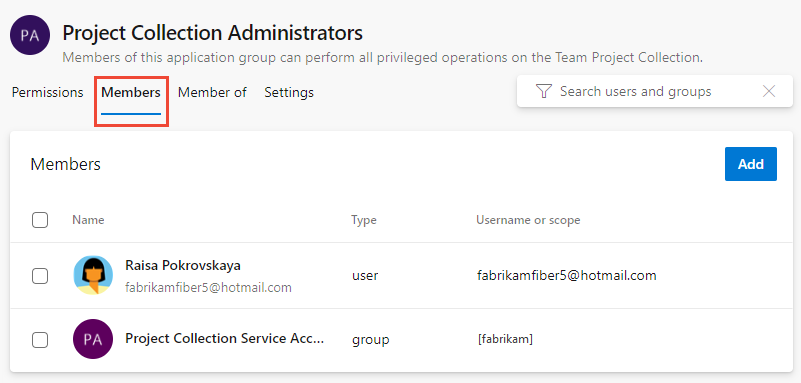 Security, Project Collection Administrators group, Members tab