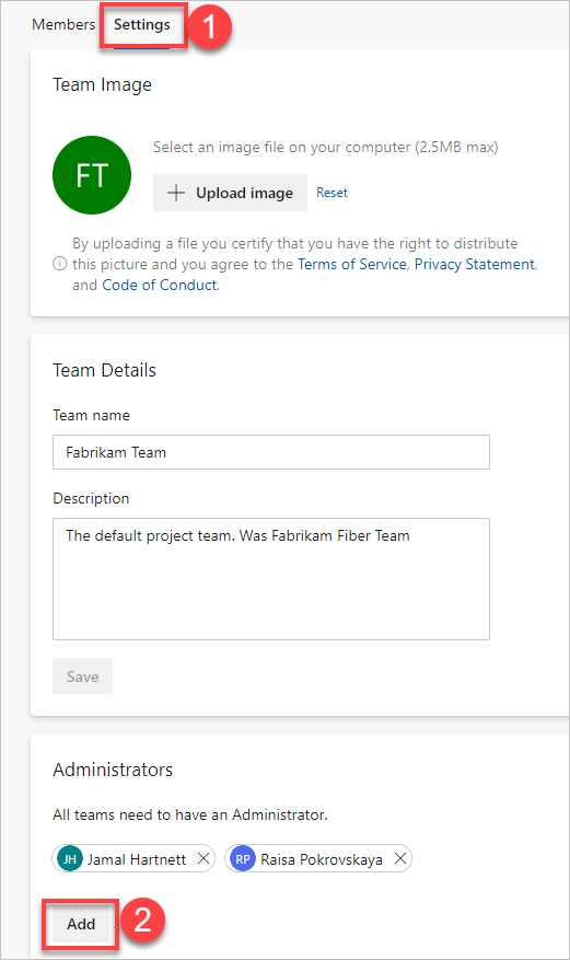 Azure DevOps Services에 대한 사용자 ID, 새 팀 페이지 보기를 추가하는 대화 상자의 스크린샷.