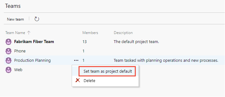Teams 페이지, 기타 옵션 메뉴 선택, 새 Teams 페이지 사용 스크린샷.