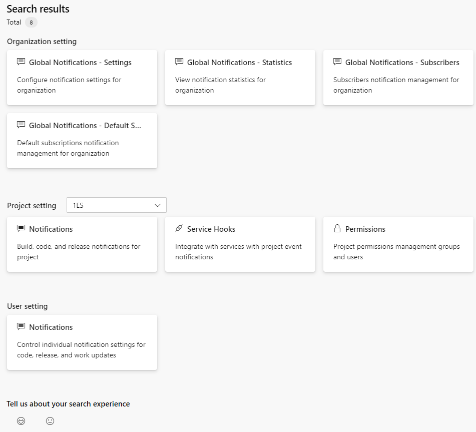 Screenshot of Organizational Settings Search Results.