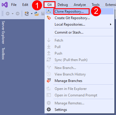 Visual Studio의 Git 메뉴에 있는 '리포지토리 복제' 옵션의 스크린샷