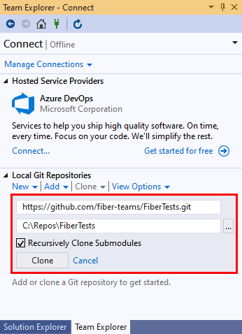 Visual Studio 2019의 '팀 탐색기' 커넥트 보기의 '로컬 Git 리포지토리' 섹션에 있는 복제 옵션의 스크린샷
