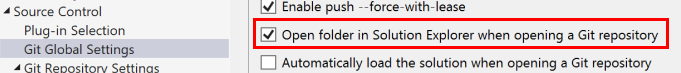 옵션 대화 상자의 Git 리포지토리를 열 때 폴더 열기 확인란을 보여 주는 스크린샷