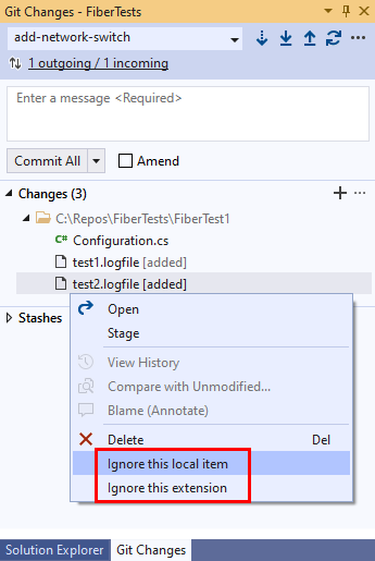 Visual Studio의 Git 변경 내용 창에서 변경된 파일에 대한 상황에 맞는 메뉴 옵션의 스크린샷.