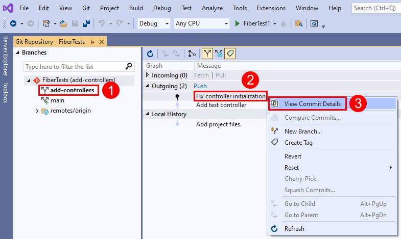 Visual Studio의 'Git 리포지토리' 창에서 커밋에 대한 '커밋 세부 정보 보기' 메뉴 옵션의 스크린샷.