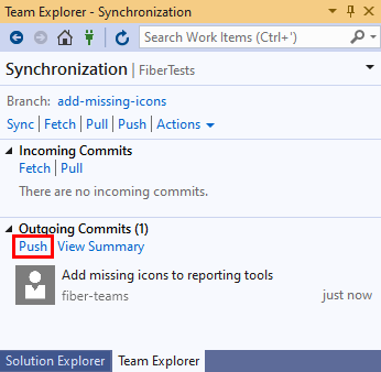 Visual Studio 2019 팀 탐색기의 동기화 보기에 있는 푸시 링크의 스크린샷.