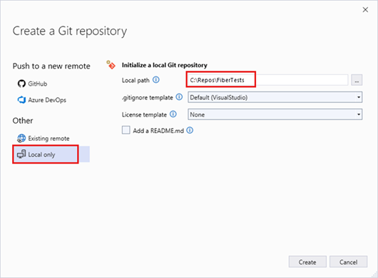Visual Studio 2022에서 '로컬 전용' 옵션이 선택된 'Git 리포지토리 만들기' 창의 스크린샷