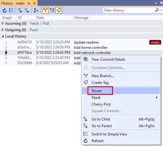 Visual Studio의 기록 창에서 커밋에 대한 상황에 맞는 메뉴의 되돌리기 옵션 스크린샷