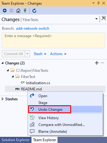 Visual Studio 2019의 팀 탐색기에서 변경된 파일에 대한 상황에 맞는 메뉴 옵션의 스크린샷