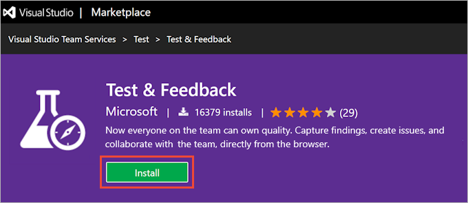 Visual Studio Marketplace, 테스트 & 피드백 확장, 설치