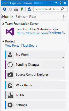 Visual Studio 2017, TFVC를 소스 제어로 사용하는 팀 탐색기 홈 페이지