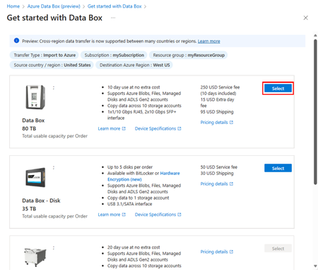 Azure Data Box 제품을 선택하는 화면을 보여 주는 스크린샷. Data Box 선택 단추가 강조 표시되어 있습니다.