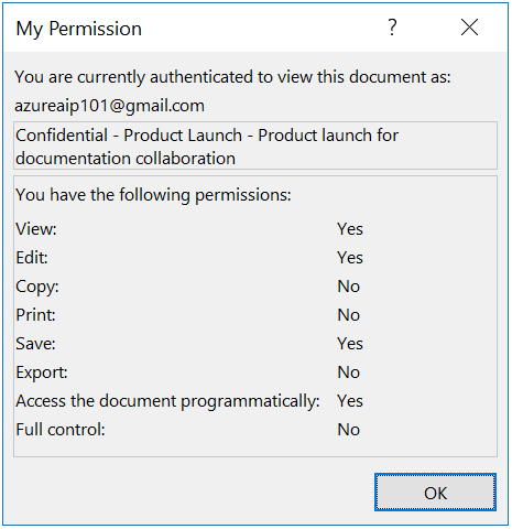 Azure Information Protection 권한 예제 대화 상자