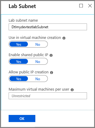 Screenshot that shows the Shared I P setting on the Lab Subnet page.