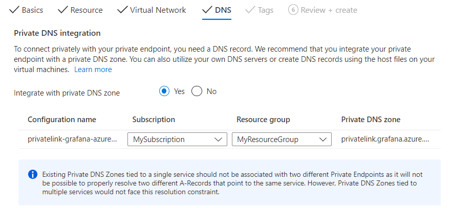 DNS 탭을 채우는 Azure Portal의 스크린샷.
