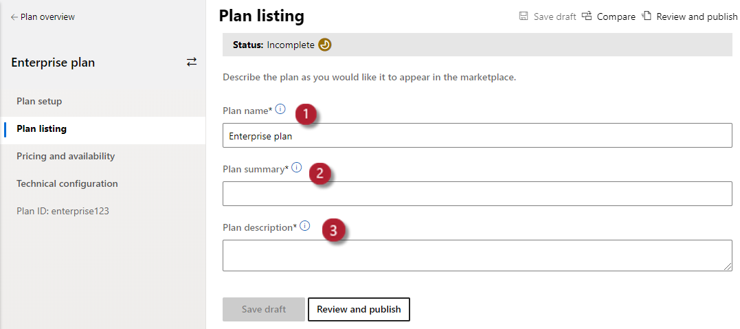 Illustrates the plan listing page in Partner Center. The Plan name, Plan summary, and Plan description fields are highlighted.
