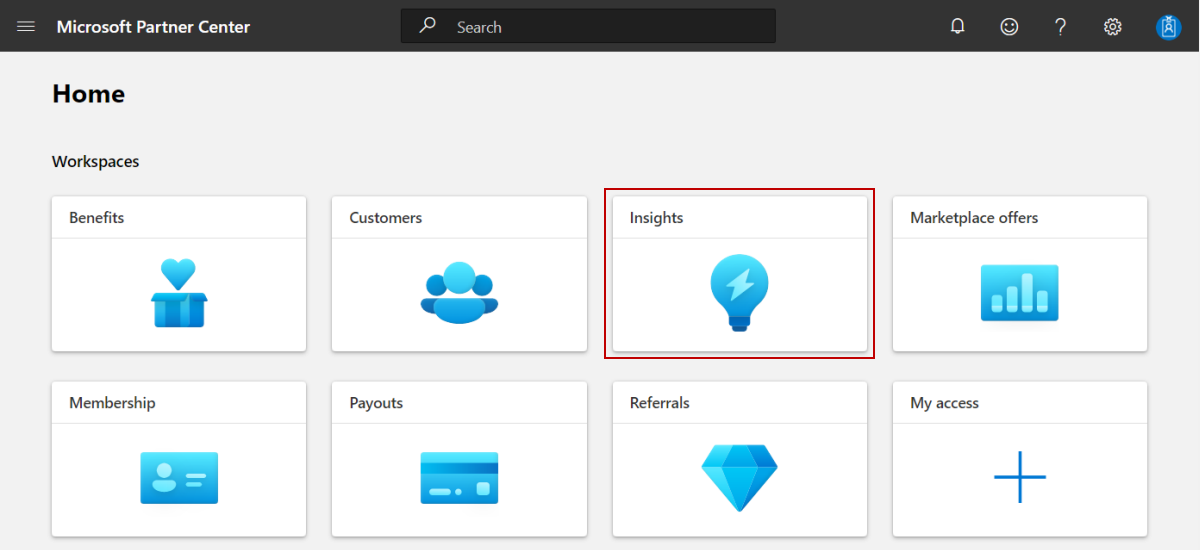 Screenshot of the Insights tile on the Partner Center Home page.