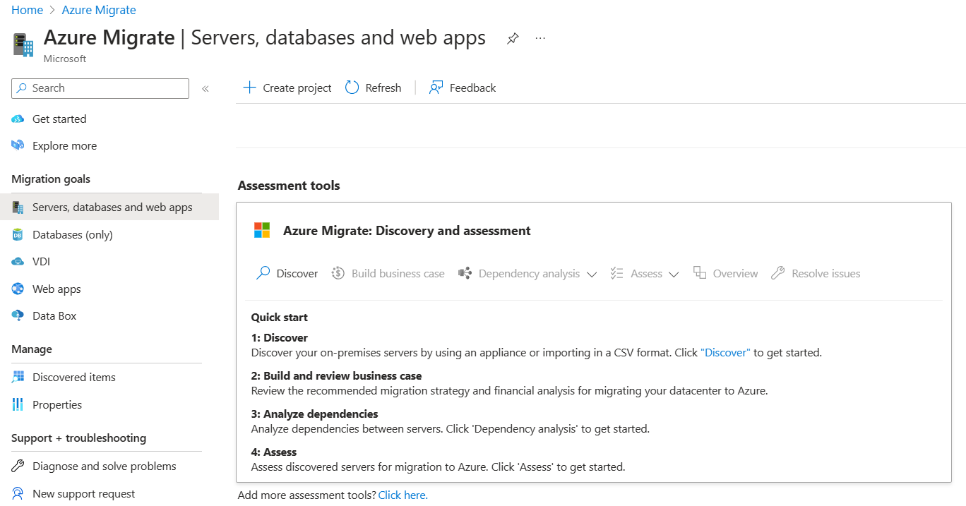 기본적으로 추가된 Azure Migrate: 검색 및 평가 도구를 보여 주는 스크린샷.