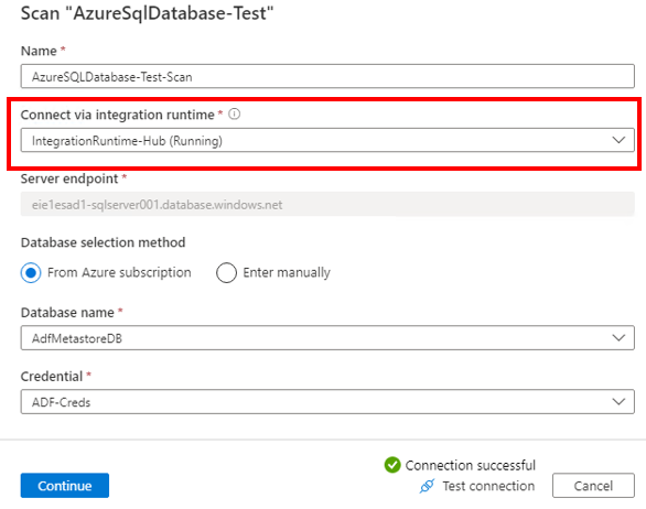 자체 호스팅 IR을 사용하여 Azure 검사를 실행하는 방법을 보여 주는 스크린샷