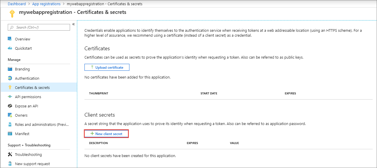 Screenshot showing the Certificates and secrets page with New client secret button selected.