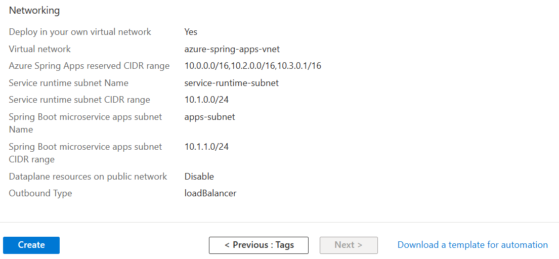 검토 및 만들기 탭의 네트워킹 섹션을 보여 주는 Azure Portal Azure Spring Apps 만들기 페이지의 스크린샷.