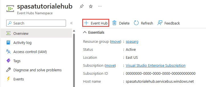 Event Hubs 네임스페이스 페이지의 Event Hubs 추가 단추를 보여 주는 스크린샷.