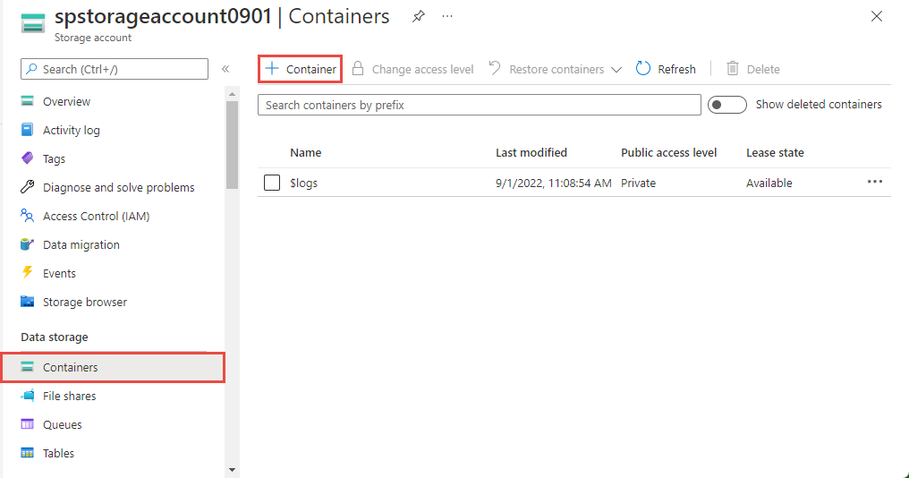 Screenshot showing the Containers page.