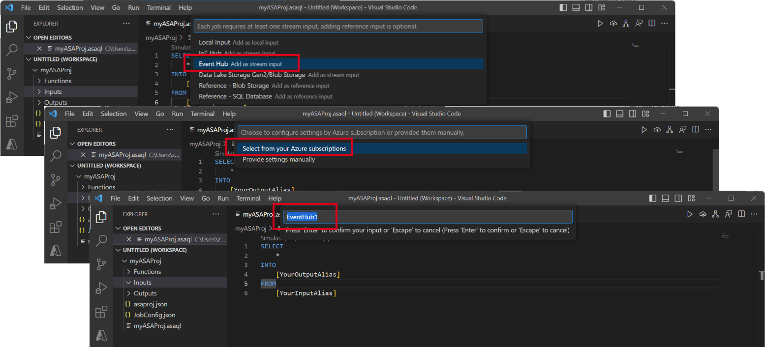 Screenshot of VSCode extension showing series of steps for Event Hub input configuration.